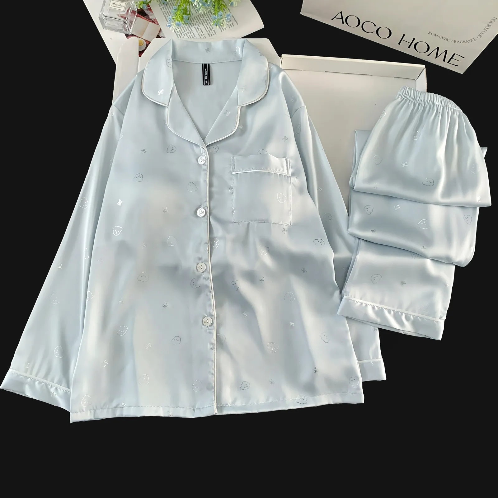 Ice Silk Long-Sleeve Long Pants Pajama Set, Blue Bear Head, Cute Minimalist Loungewear · Wholesale · OEM · Worldwide Shipping